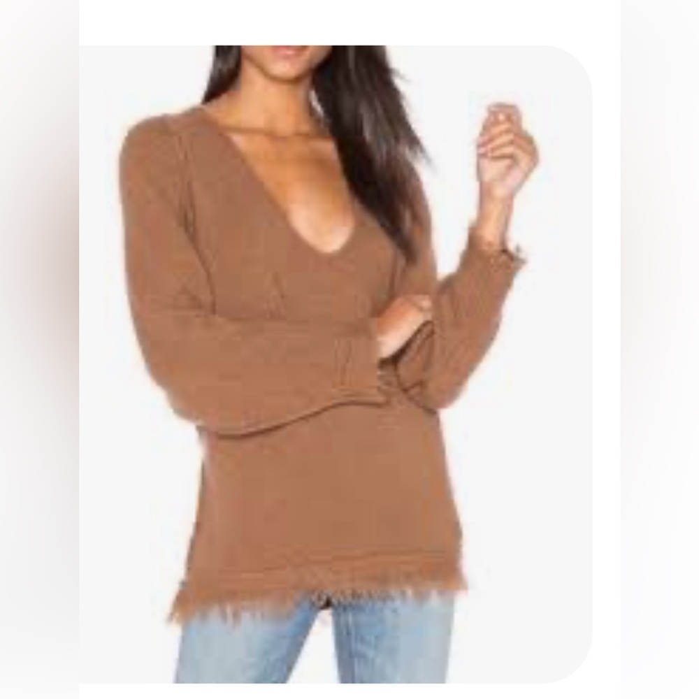 Free People Tan V-Neck Sweater with Fringe - Picture 4 of 13